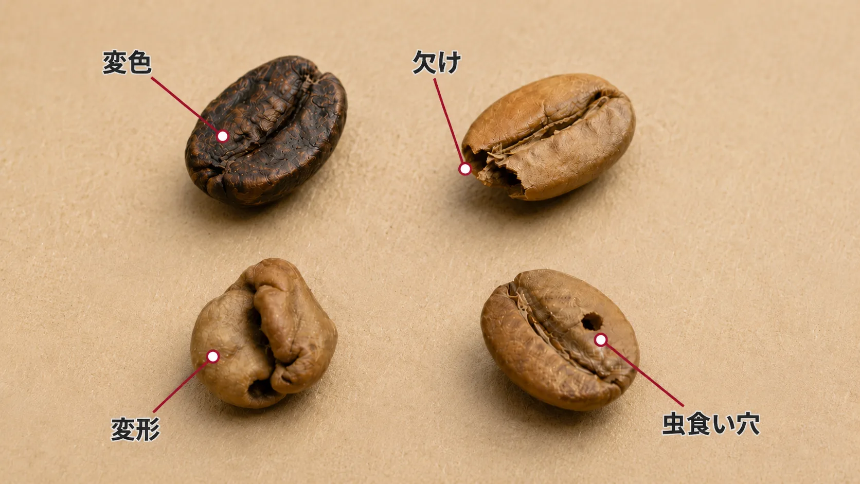 変色、欠け、変形、虫食い穴がある欠点豆